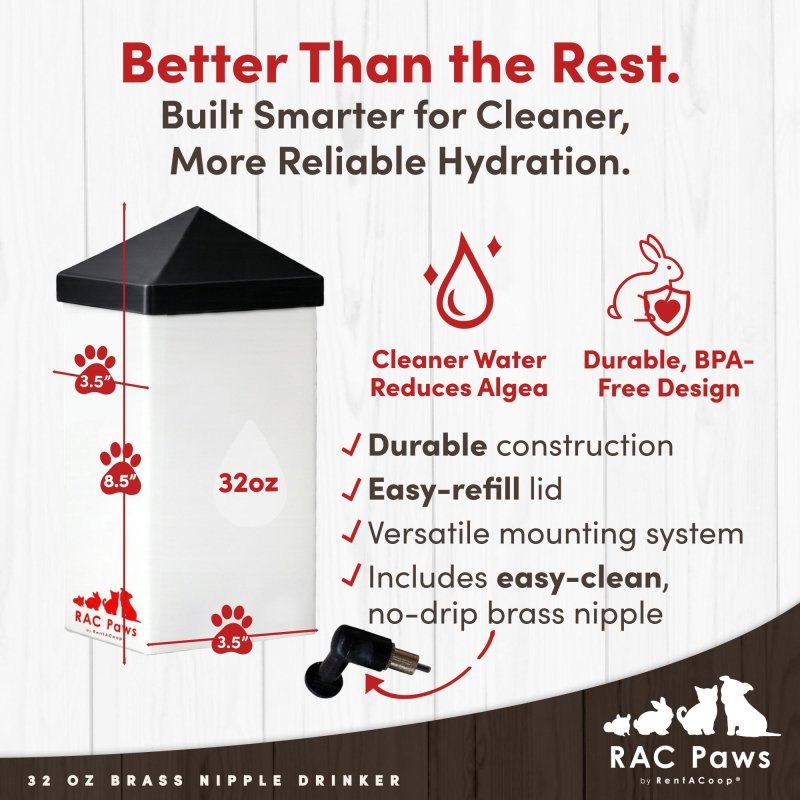 RAC Paws by RentACoop 32oz(1L) Small Animal Drinker with No-Drip Brass Nipple