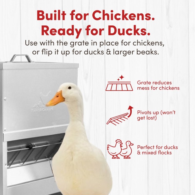 Galvanized Chicken Trough Feeder, Weatherproof Poultry Food Dispenser with Lid - 50lb