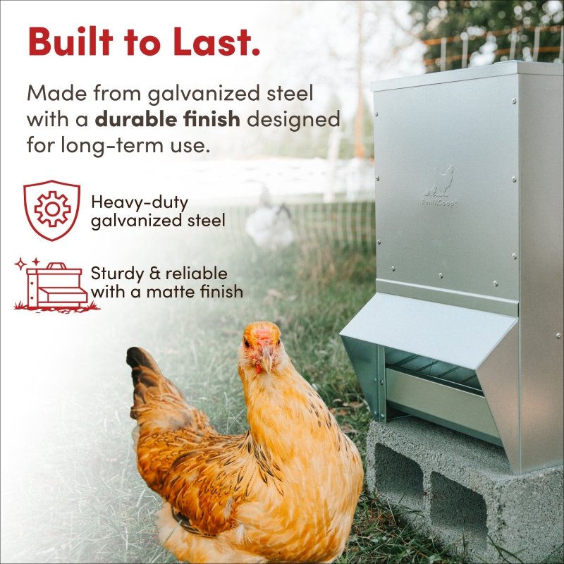 Galvanized Chicken Trough Feeder, Weatherproof Poultry Food Dispenser with Lid - 50lb