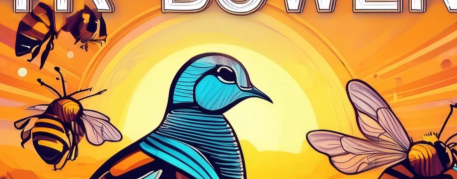 Colorful illustration of a bird and bees with '4K Bowen' text on an orange background
